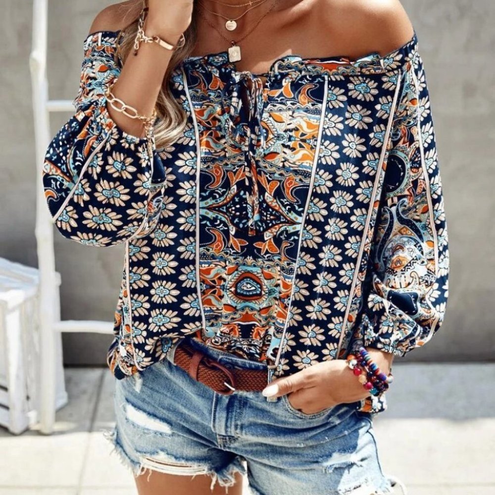 Boho Floral Print Off Shoulder Blouse multi color blue - Picture 3 of 4